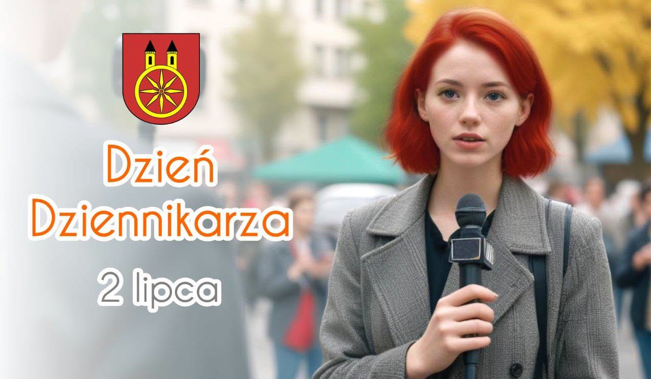 Grafika promująca Dzień Dziennikarza z herbem gminy miejskiej Koło. Młoda kobieta z rudymi włosami trzyma mikrofon. Napis: Dzień Dziennikarza, 2 lipca.