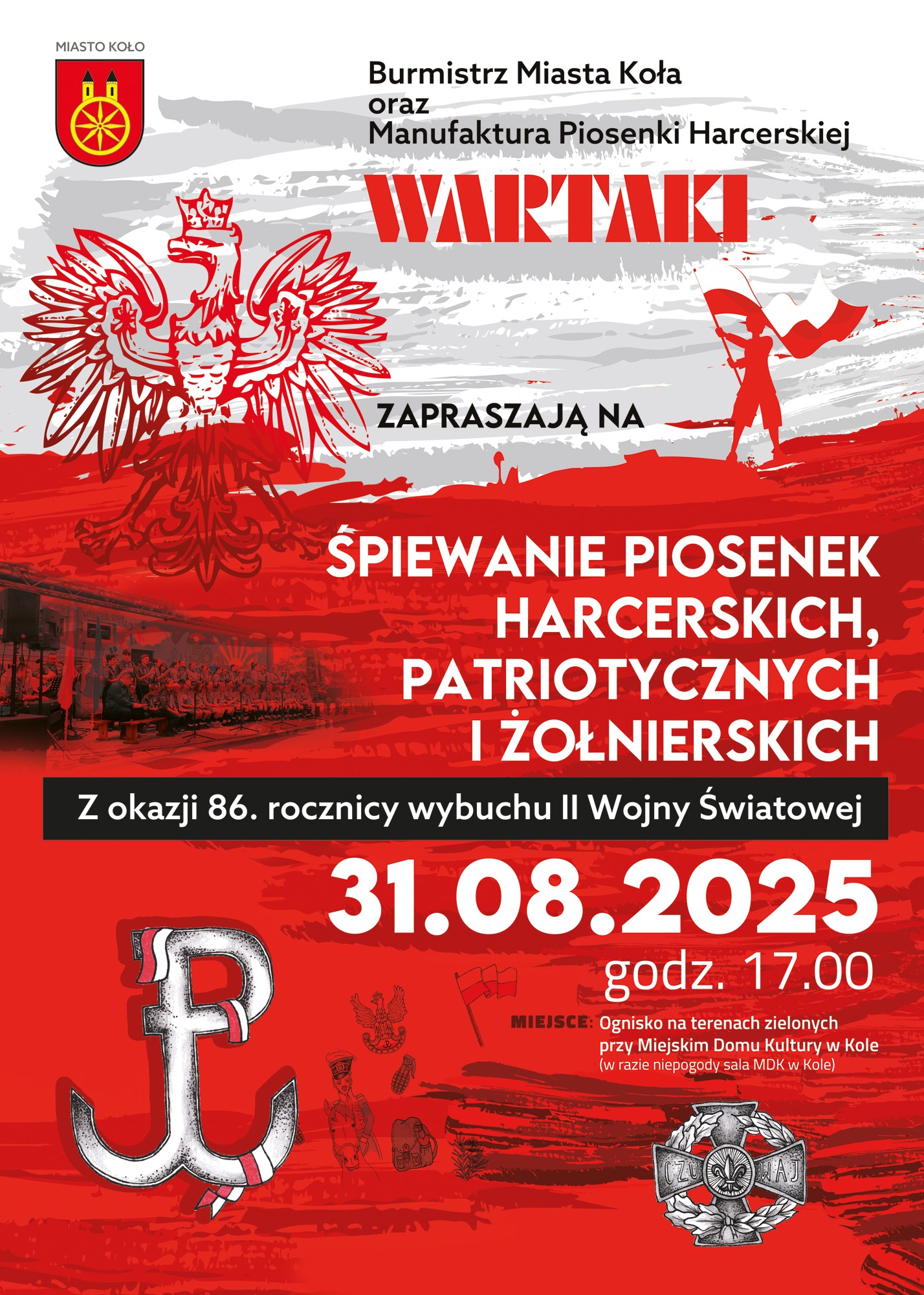 Na plakacie widoczna jest biało-czerwona kolorystyka, duży biały orzeł w koronie, sylwetka postaci z flagą Polski, znak Polski Walczącej, odznaka harcerska, fragment zdjęcia chóru/zespołu śpiewającego.