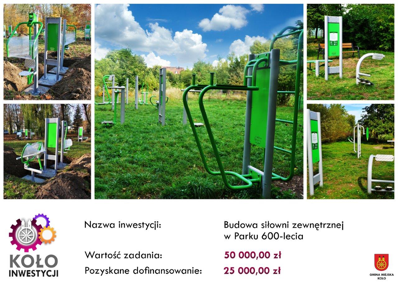 Kolaż zdjęć siłowni zewnętrznej w Parku 600-lecia w Kole