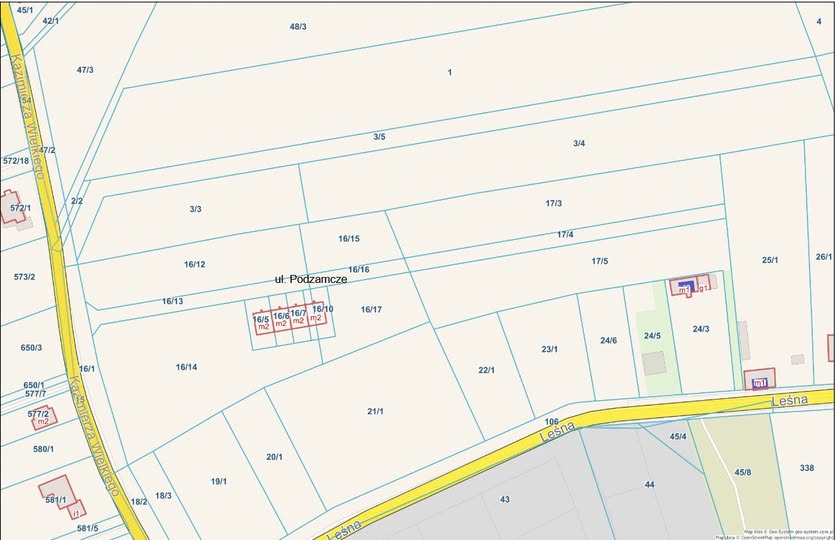 Mapa z nazwą nowej ulicy Podzamcze. Na mapie widać granice działek z ich numerami.