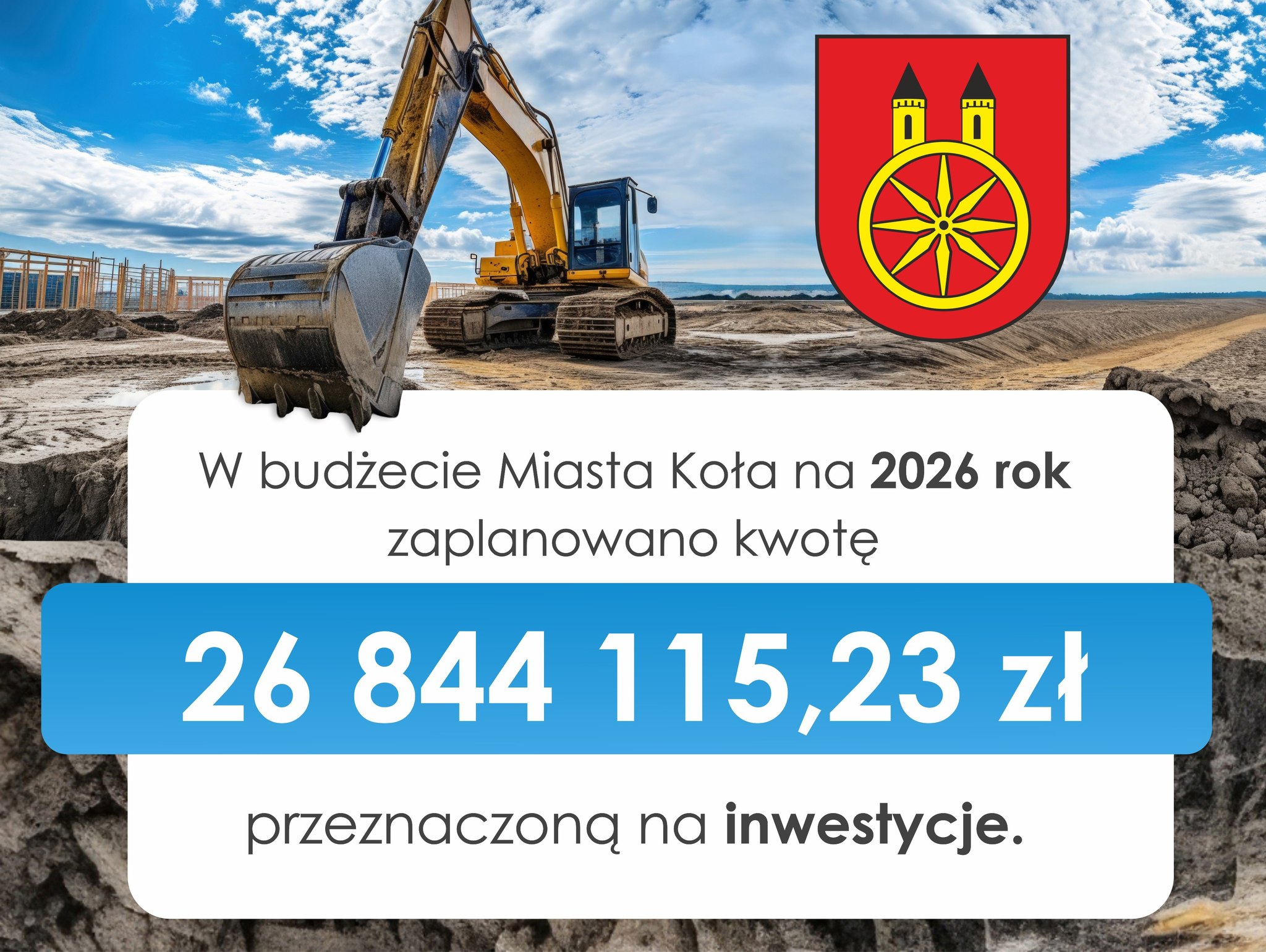 Grafika promocyjna przedstawia koparkę z uniesioną łyżką na placu budowy, umieszczoną w górnej części obrazu. W prawym górnym rogu widoczny jest herb Koła, a na dole podano zaplanowaną kwotę wydatków inwestycyjnych w projekcie budżetu na 2026 rok. 