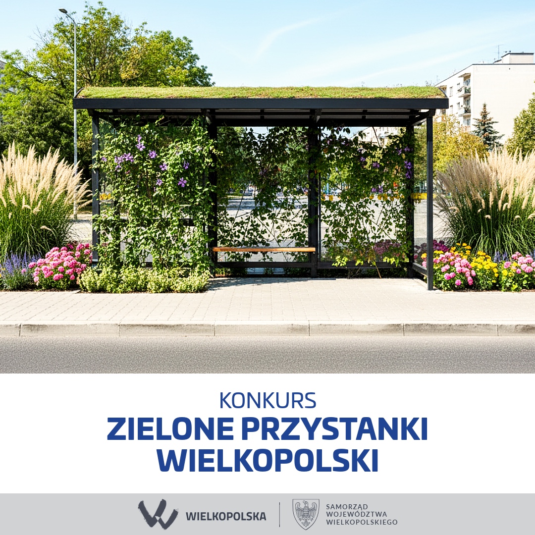Na zdjęciu widać zielony przystanek autobusowy otoczony bujną roślinnością – z obu stron rosną kwiaty, byliny i wysoka trawa. W tle znajdują się drzewa oraz blok mieszkalny, tworząc przyjemne połączenie natury z miejskim otoczeniem.