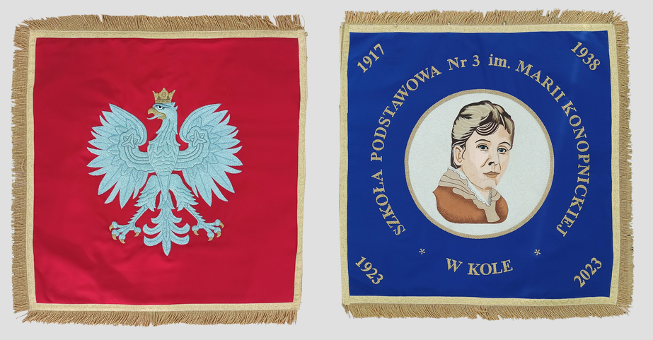 Zdjęcia sztandaru Szkoły Podstawowej nr 3 im. Marii Konopnickiej w Kole