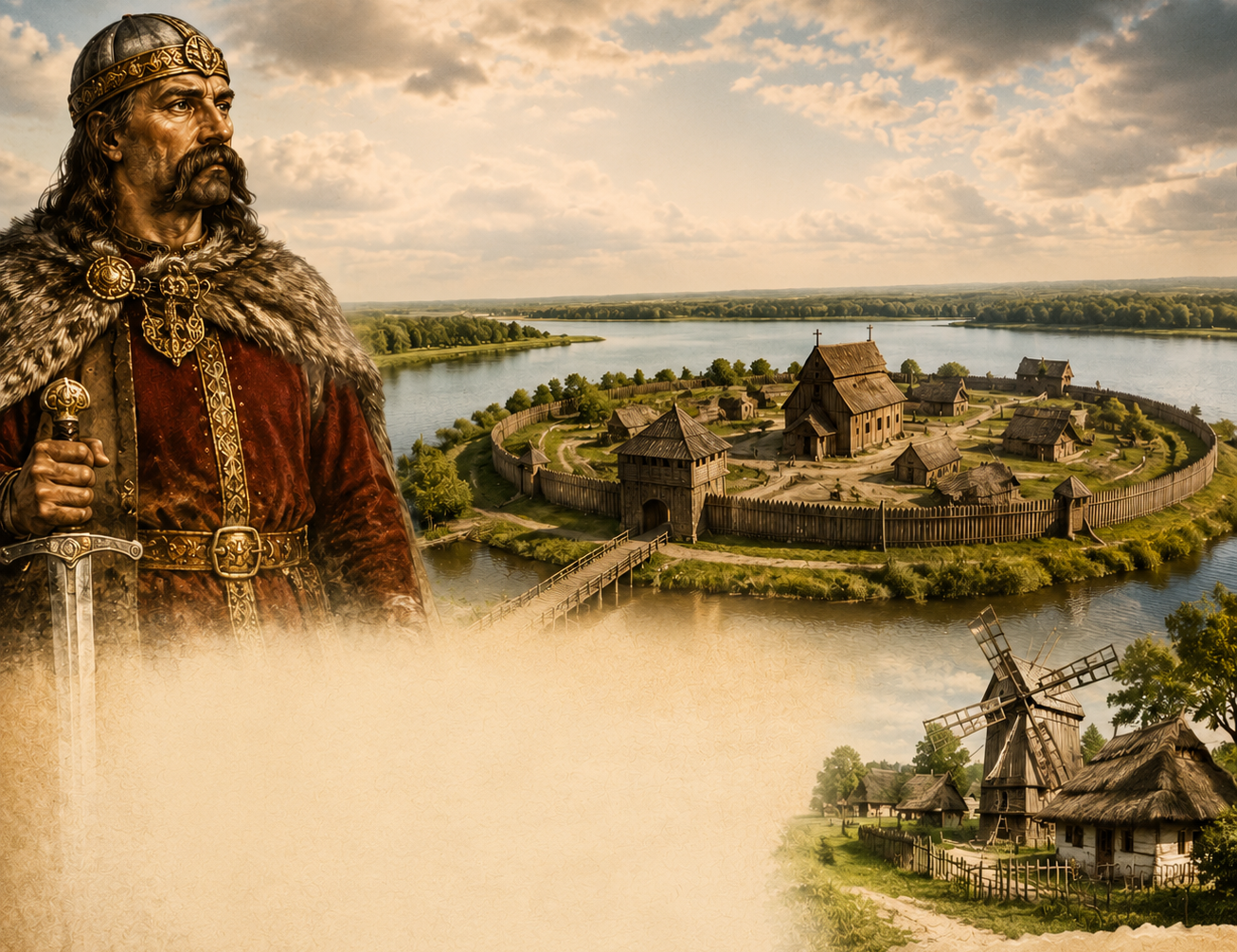 Grafika historyczna. Po lewej władca w kolczudze, futrze i czerwonej szacie ze złotymi zdobieniami, trzyma miecz. W tle drewniany gród obronny z palisadą na wyspie nad rzeką, a po prawej wiatrak i chaty.