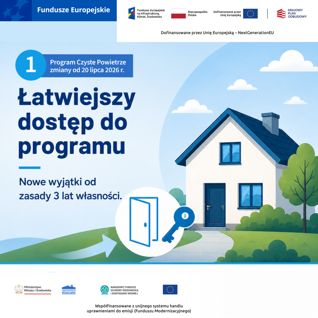 Grafika programu Czyste Powietrze. Napis: Łatwiejszy dostęp do programu. Nowe wyjątki od zasady 3 lat własności. Zmiany od 20 lipca 2026 r. Logotypy Funduszy Europejskich i Krajowego Planu Odbudowy.