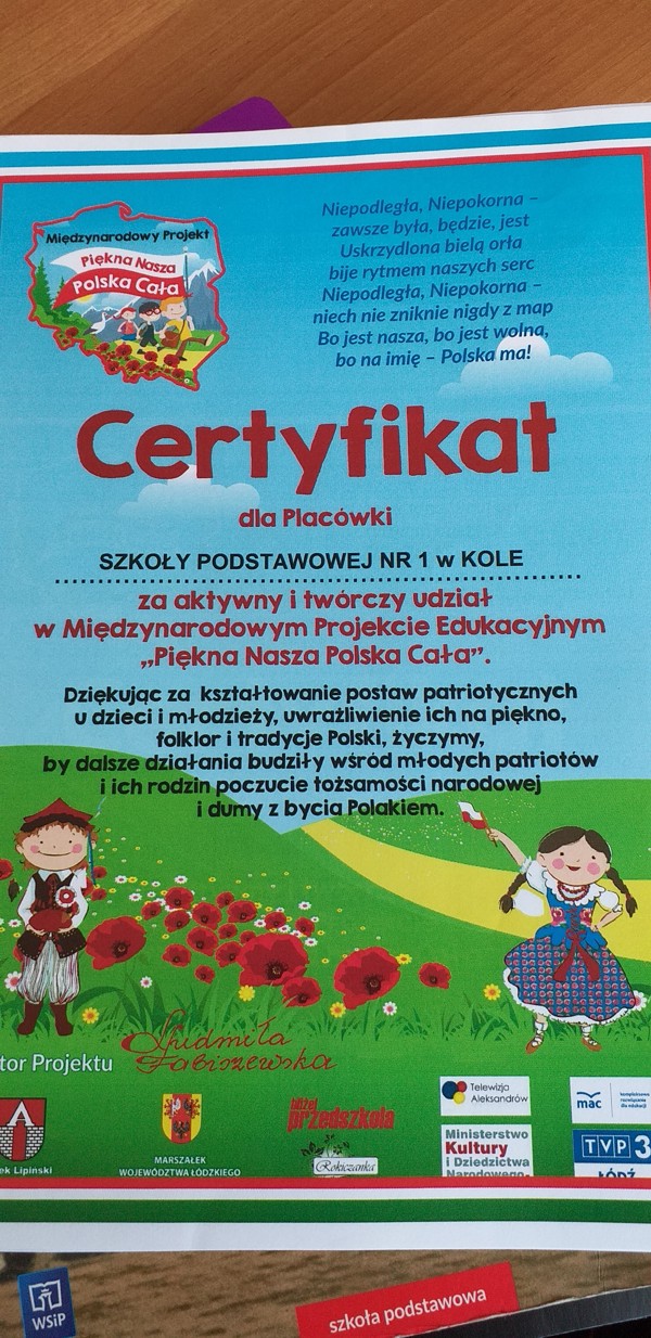 Certyfikat dla SP1 w Kole za udział w Międzynarodowym Projekcie Edukacyjnym