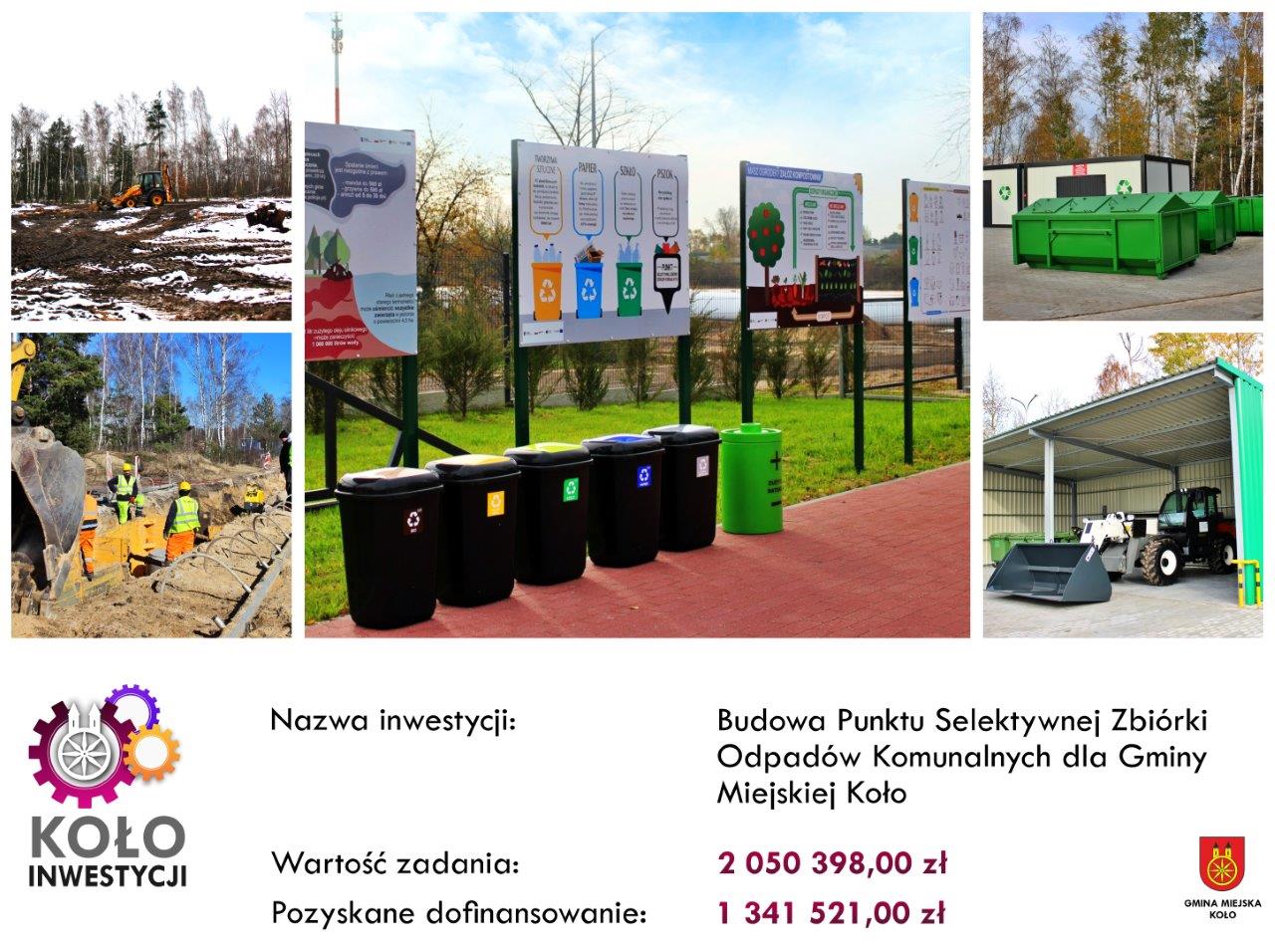 Kolaż zdjęć Punktu Selektywnego Zbierania Odpadów Komunalnych w Kole