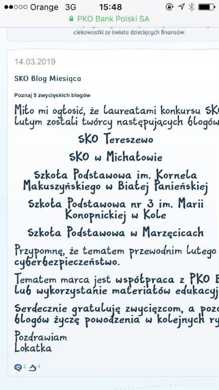 Zwycięski Blog Miesiąca dla SP Nr 3