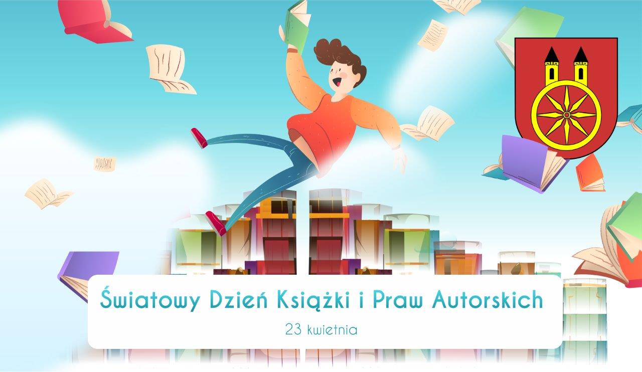Kolorowa plansza promująca Światowy Dzień Książki i Praw Autorskich (23 kwietnia), z rysunkiem skaczącej osoby wśród książek i herbem miasta Koła