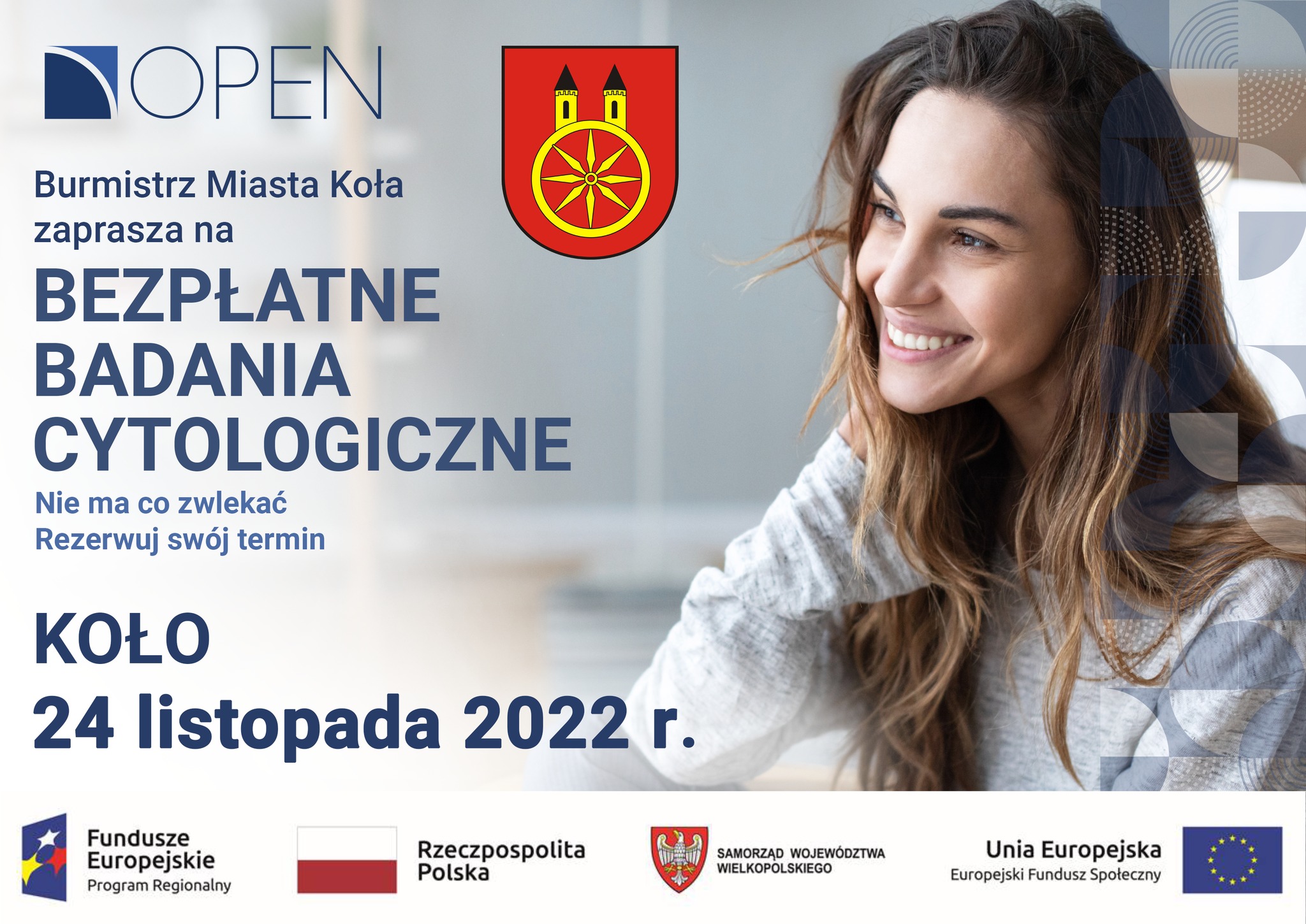 Plakat z informacją o zgłoszeniu na bezpłatne badania cytologiczne, tekst pod plakatem