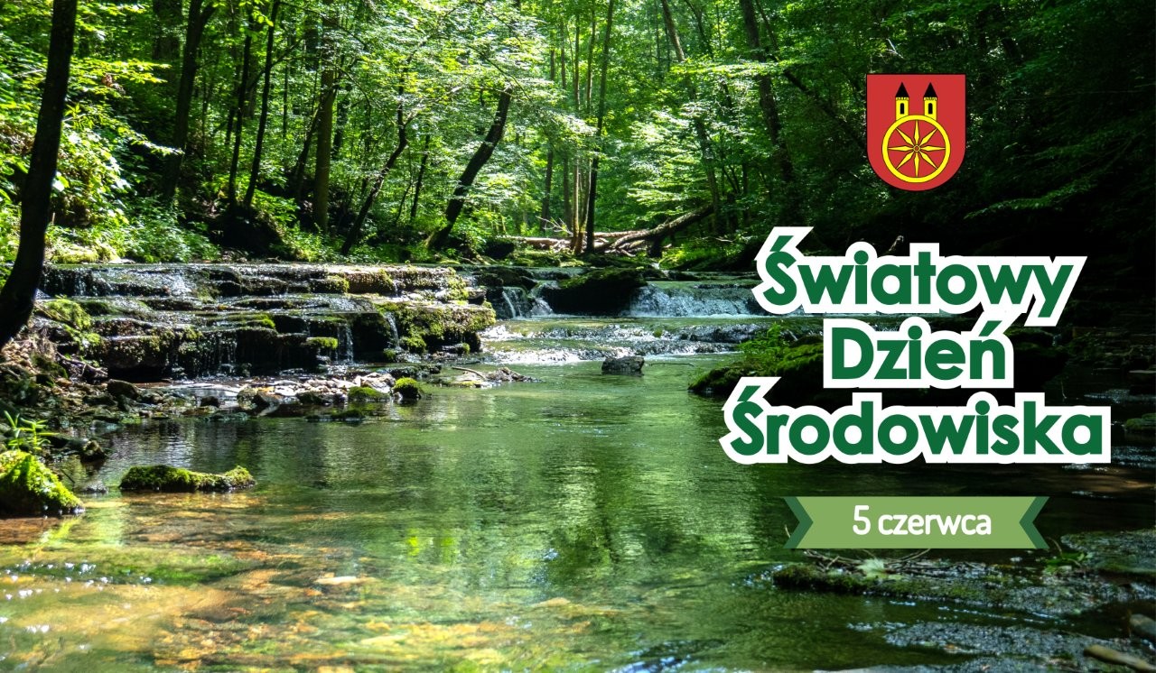 Grafika przedstawia malowniczy leśny strumień z małymi wodospadami. Po prawej stronie znajduje się napis Światowy Dzień Środowiska – 5 czerwca oraz herb miasta Koła.