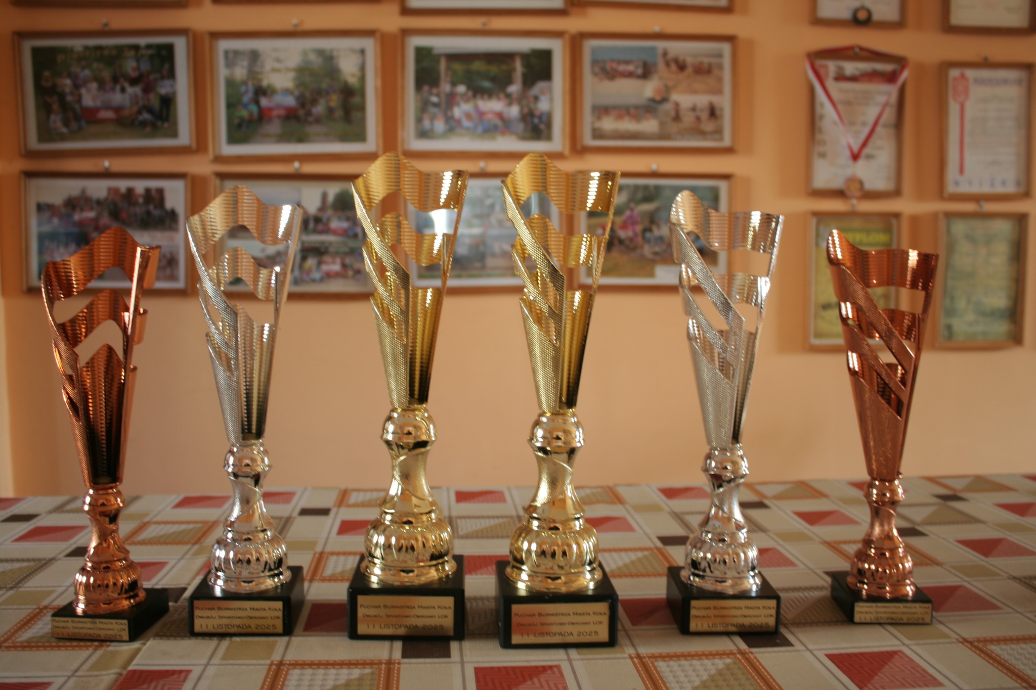 Na zdjęciu na stole stoi sześć pucharów, a w tle na ścianie wiszą oprawione w ramki zdjęcia oraz dyplomy.