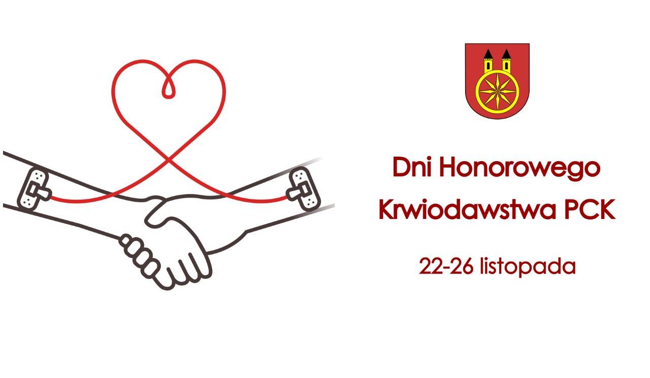 Plansza promująca Dni Honorowego Krwiodawstwa, które odbywają się w dniach 22–26 listopada. Przedstawia zarysy dwóch dłoni, połączonych czerwoną linią symbolizującą krew, tworzącą serce. Projekt podkreśla ideę solidarności i pomocy.