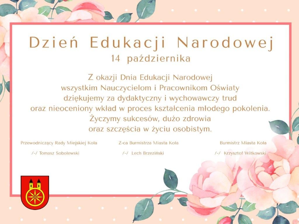 Plansza z życzeniami z okazji Dnia Edukacji Narodowej, tekst życzeń pod planszą.