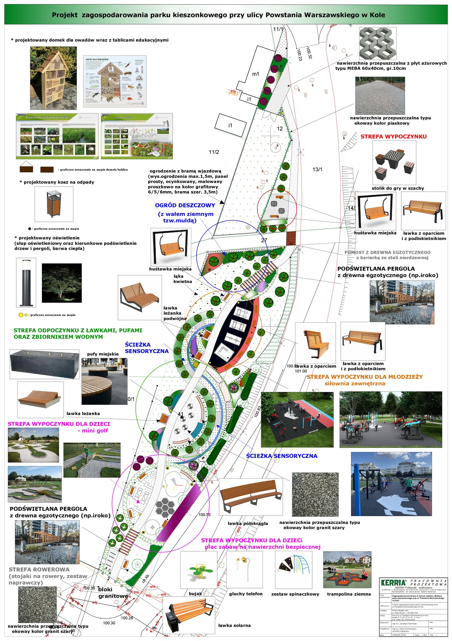 Zdjęcie projektu zagospodarowania parku kieszonkowego przy ulicy Powstania Warszawskiego w Kole. Plan zawiera szczegółowy układ roślin oraz architektury (ławki, stojaki na rowery) oraz przestrzeń rekreacyjną. Po lewej stronie zdjęcia roślin i krzewów