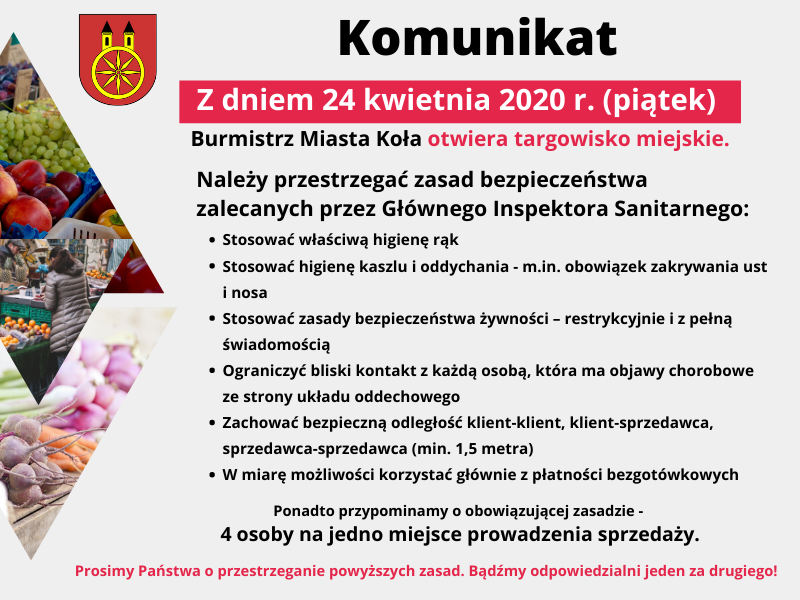 Targowisko miejskie otwarte od 24 kwietnia 2020 roku