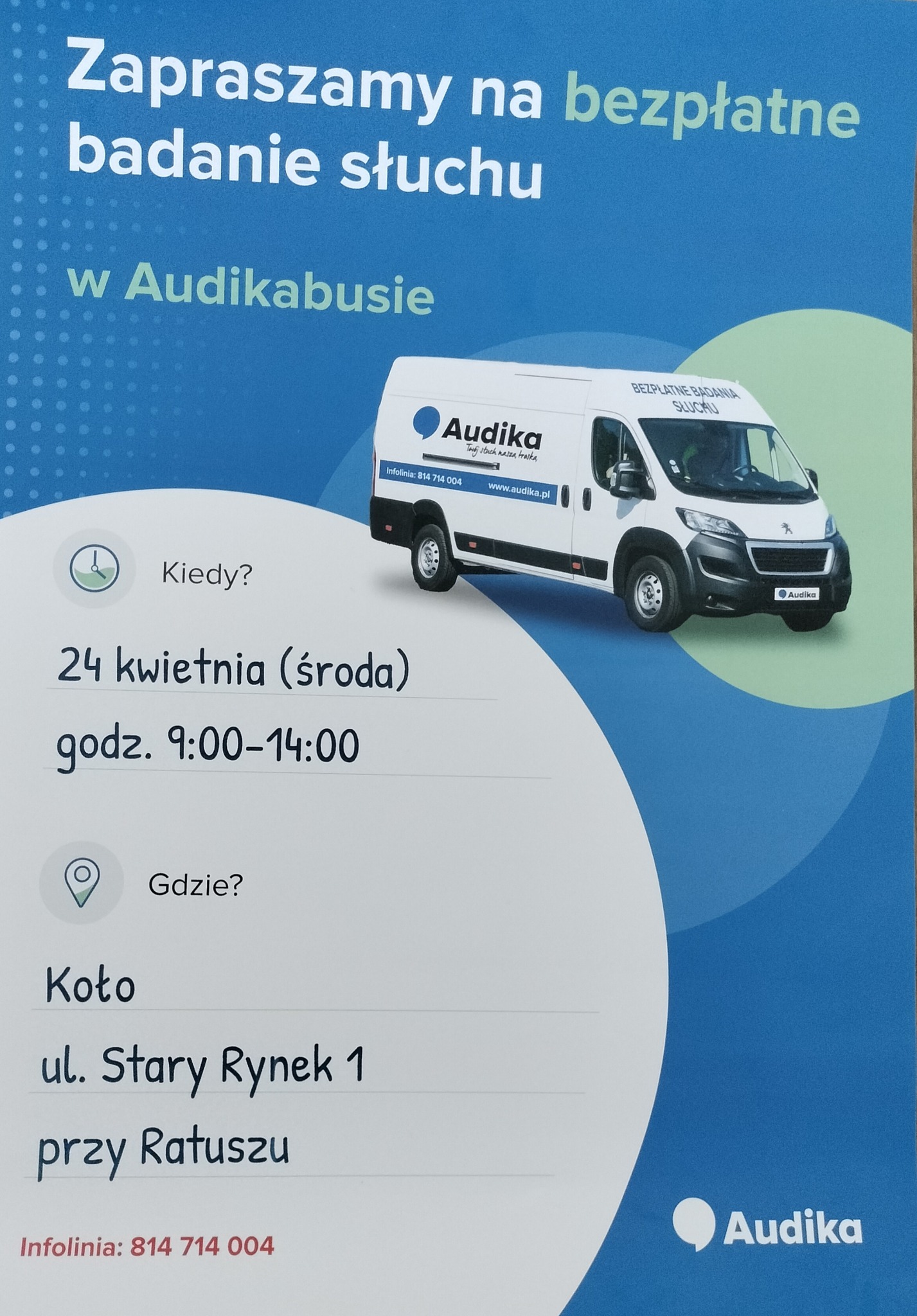 Plakat informujący o Bezpłatnych Badań Słuchu w Kole, tekst pod plakatem