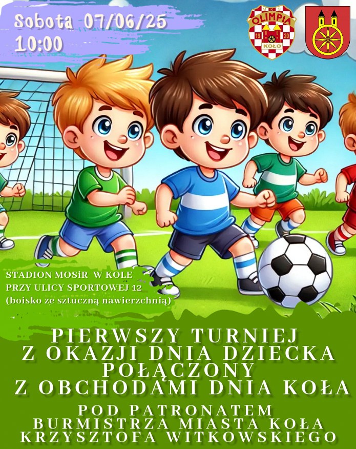 Plakat turnieju piłkarskiego z okazji Dnia Dziecka i Dni Koła, z rysunkowymi postaciami dzieci grających w piłkę.