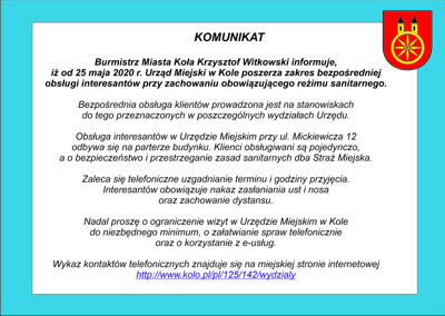 Komunikat Burmistrza Miasta Koła dot. obsługi interesantów