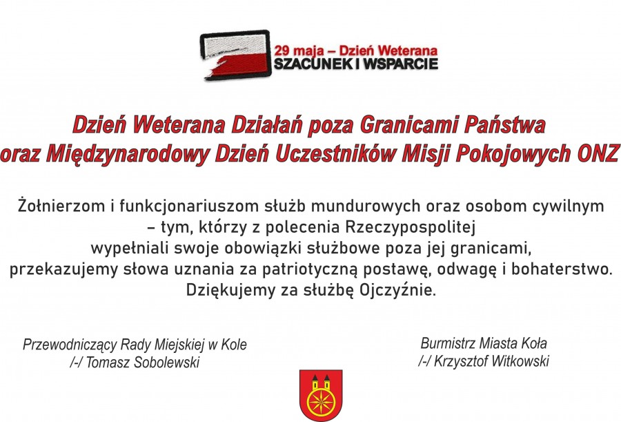 29 maja - Dzień Weterana Działań poza Granicami Państwa