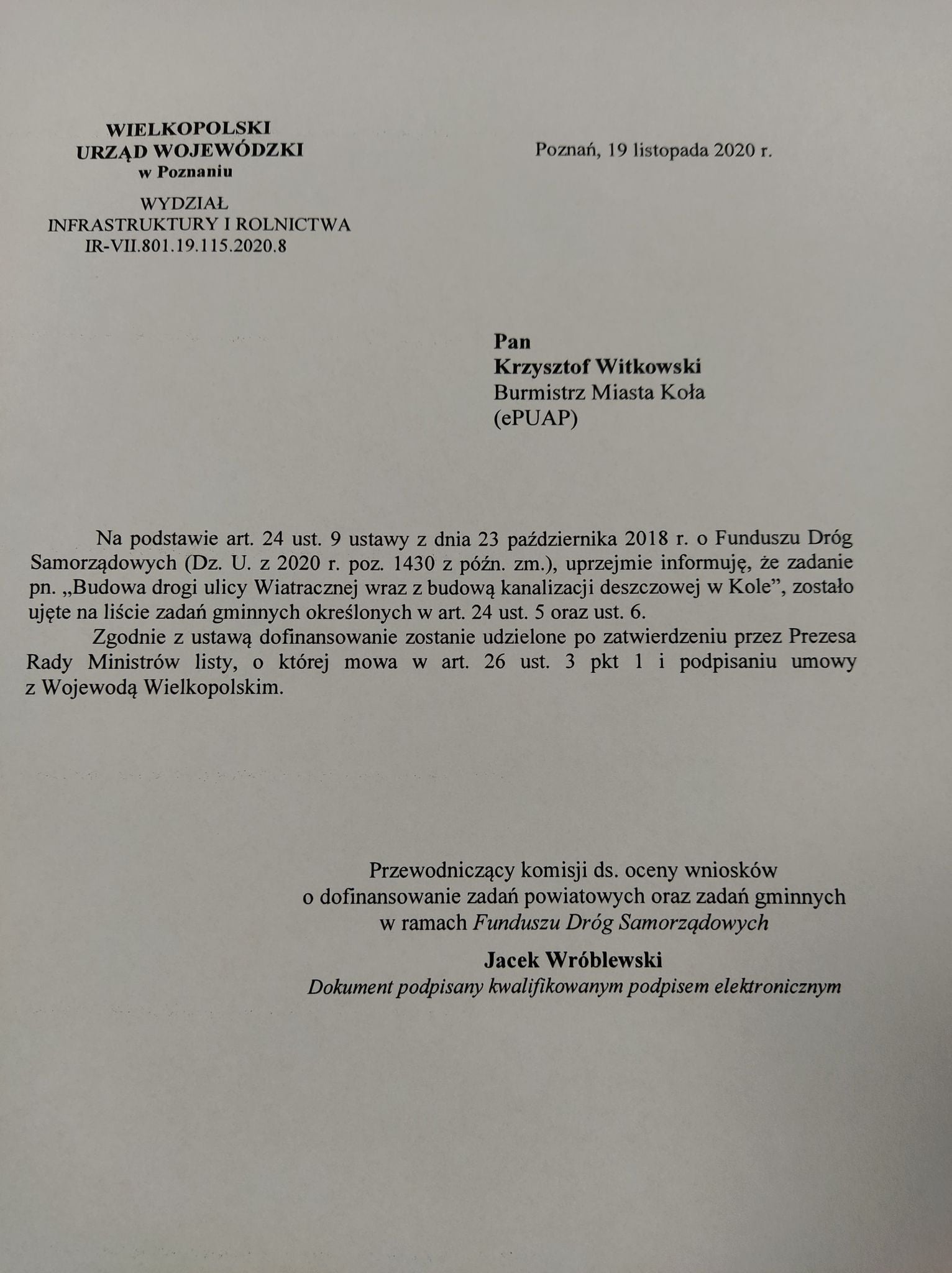 Zdjęcie przedstawia pismo Wojewody Wlkp. z informacją o dofinansowaniu z FDS.