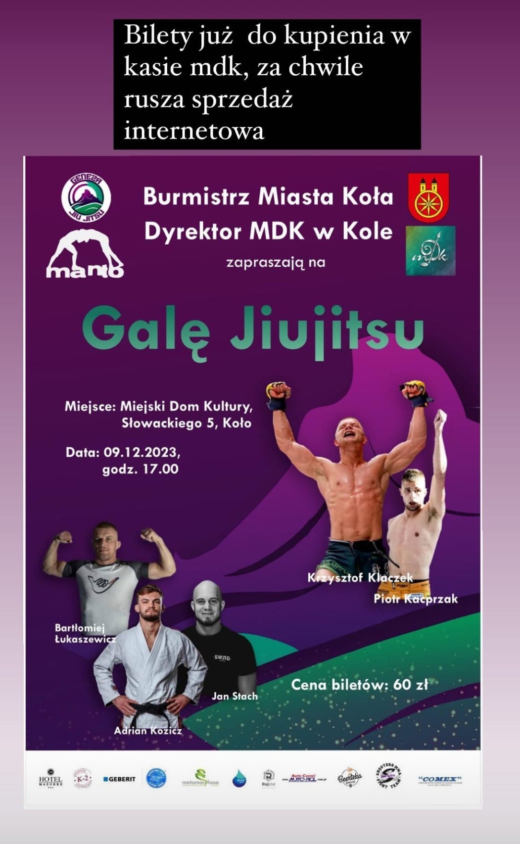 Plakat informujący o Gali Jiujitsu w Kole w dniu 9 grudnia 2023 r., tekst pod plakatem