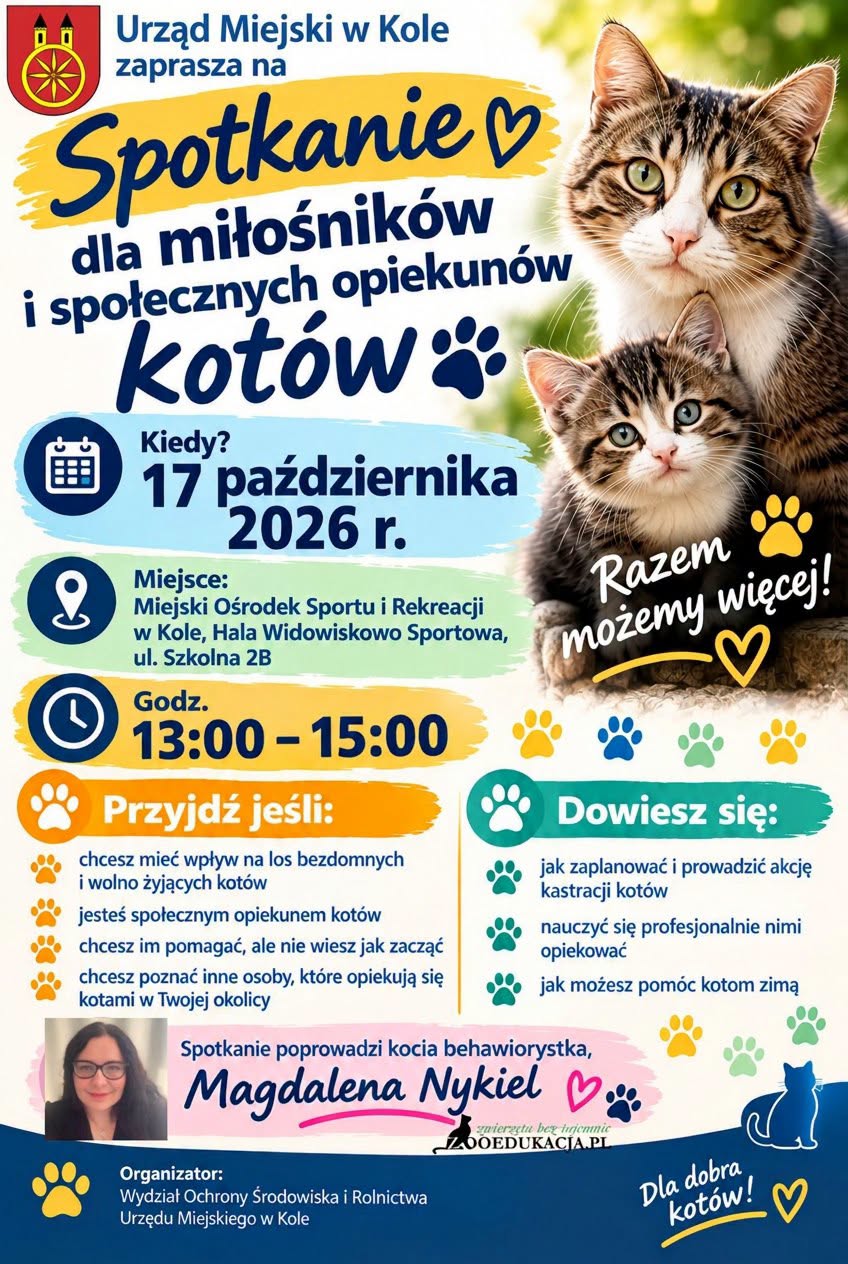 Plakat Urzędu Miejskiego w Kole: dwa pręgowane koty i kolorowe łapki. Spotkanie dla opiekunów kotów, 17 października 2026, 13:00–15:00, Hala Widowiskowo-Sportowa MOSiR, ul. Szkolna 2B. Prowadzi Magdalena Nykiel.
