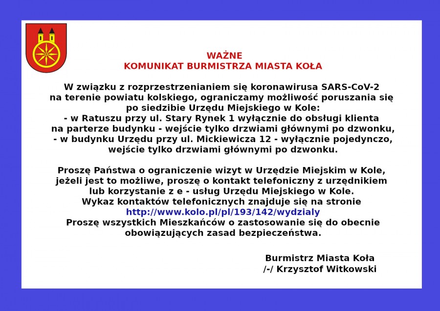 KOMUNIKAT BURMISTRZA MIASTA KOŁA