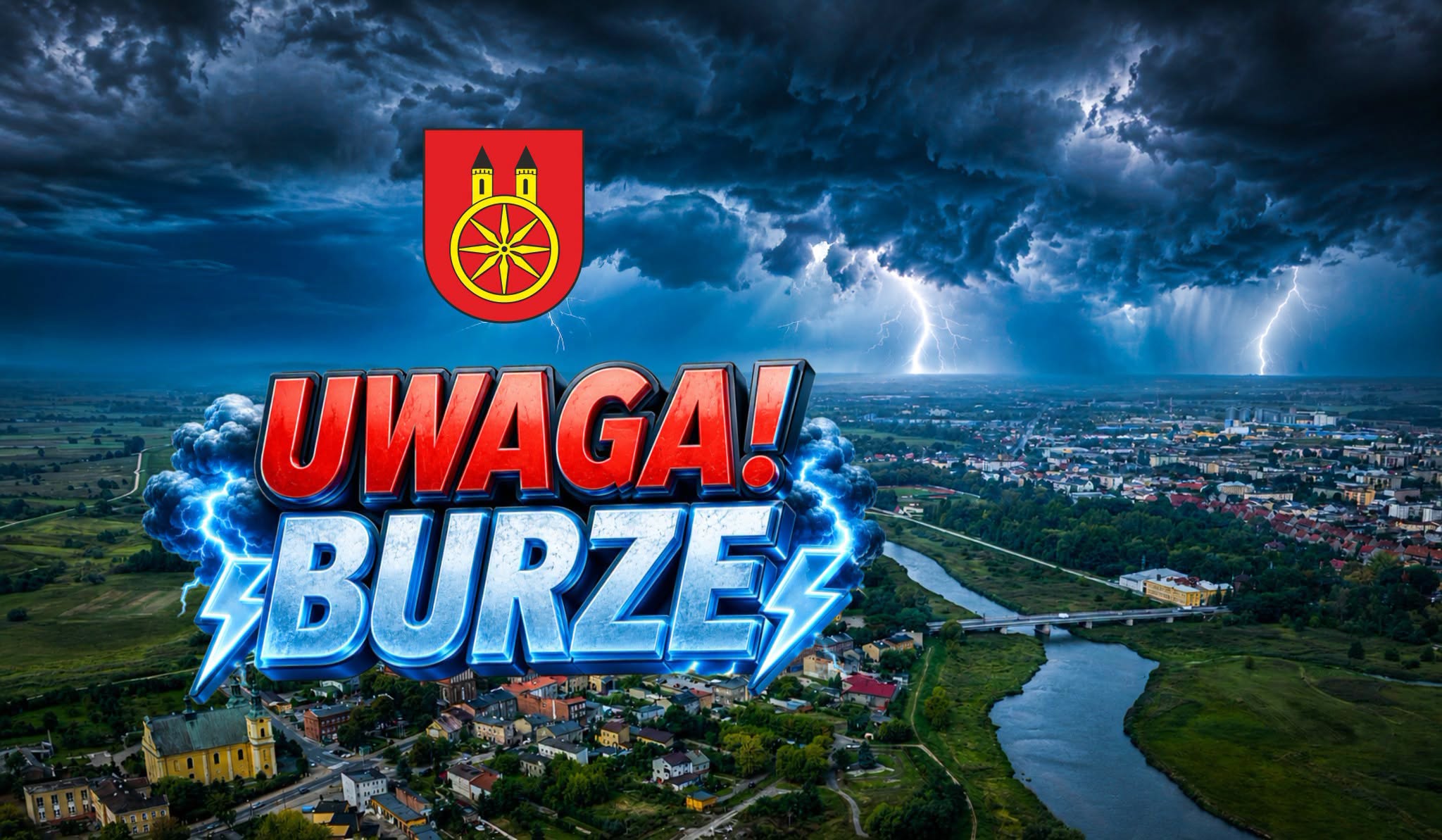 Grafika ostrzegawcza z napisem UWAGA! BURZE. Nad panoramą miasta z rzeką i mostem widać ciemne, burzowe chmury z rozbłyskami piorunów. W lewym górnym rogu czerwony herb miejski z dwiema wieżami i żółtym kołem z gwiazdą.