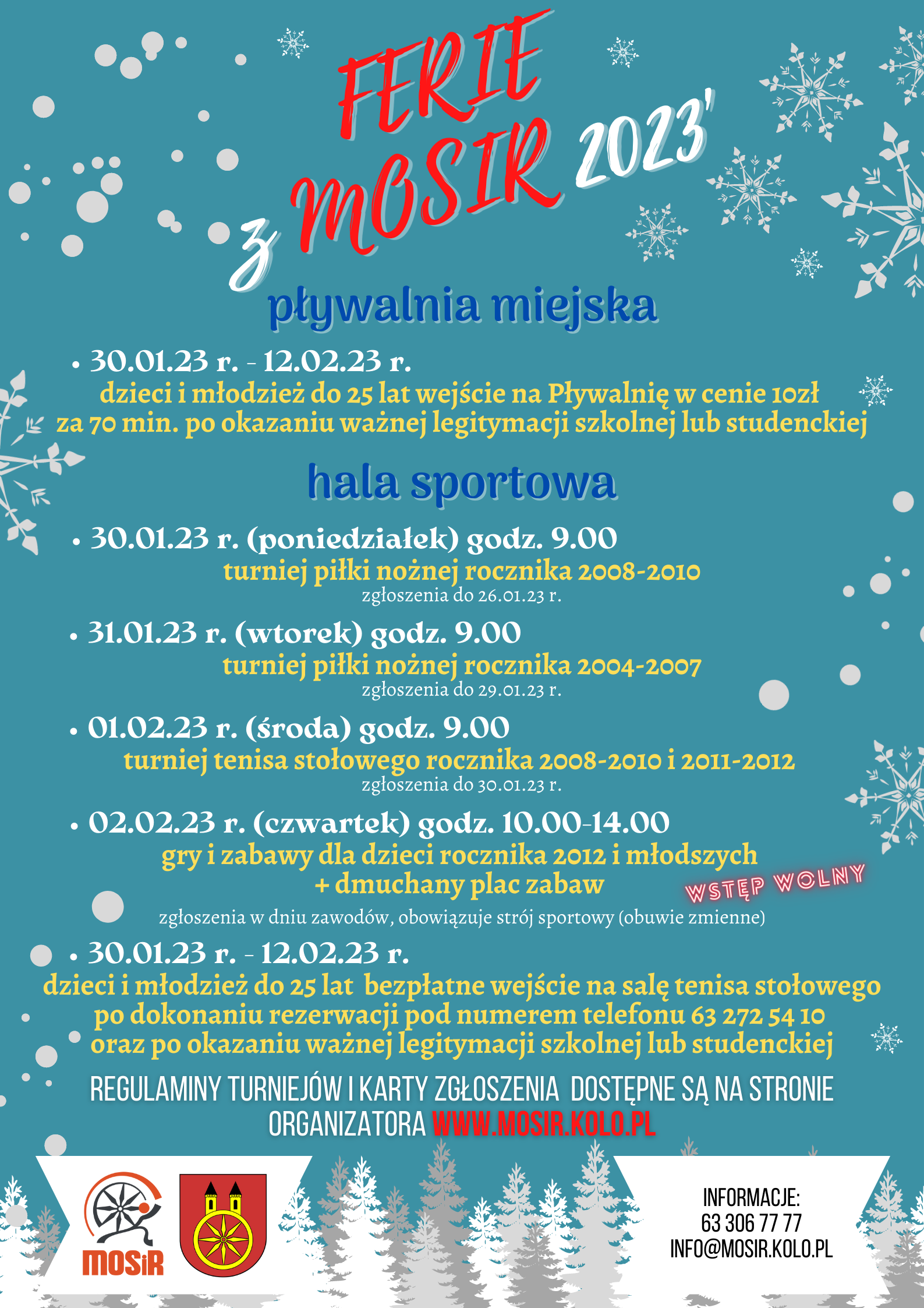 Plakat, spędź aktywnie ferie zimowe 2023 - oferta MOSiR w Kole