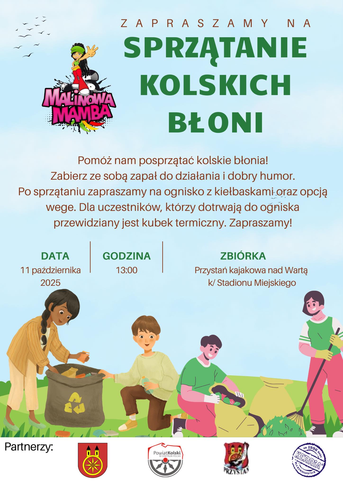 Plakat promuje sprzątanie kolskich błoni nad Wartą. Na plakacie widać postacie sprzątające śmieci.