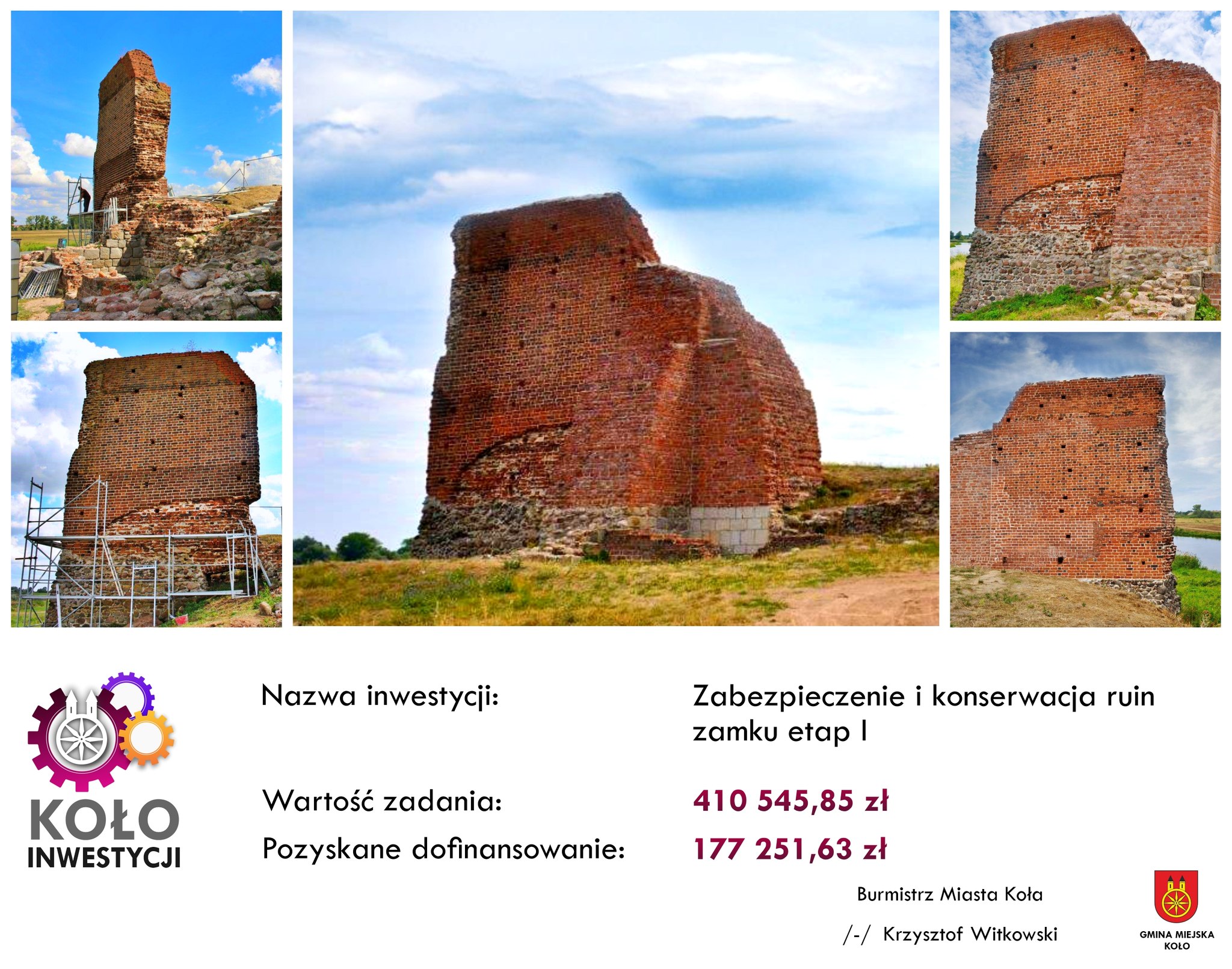 Kolaż zdjęć zabezpieczenia i konserwacji ruin zamku etap I w Kole