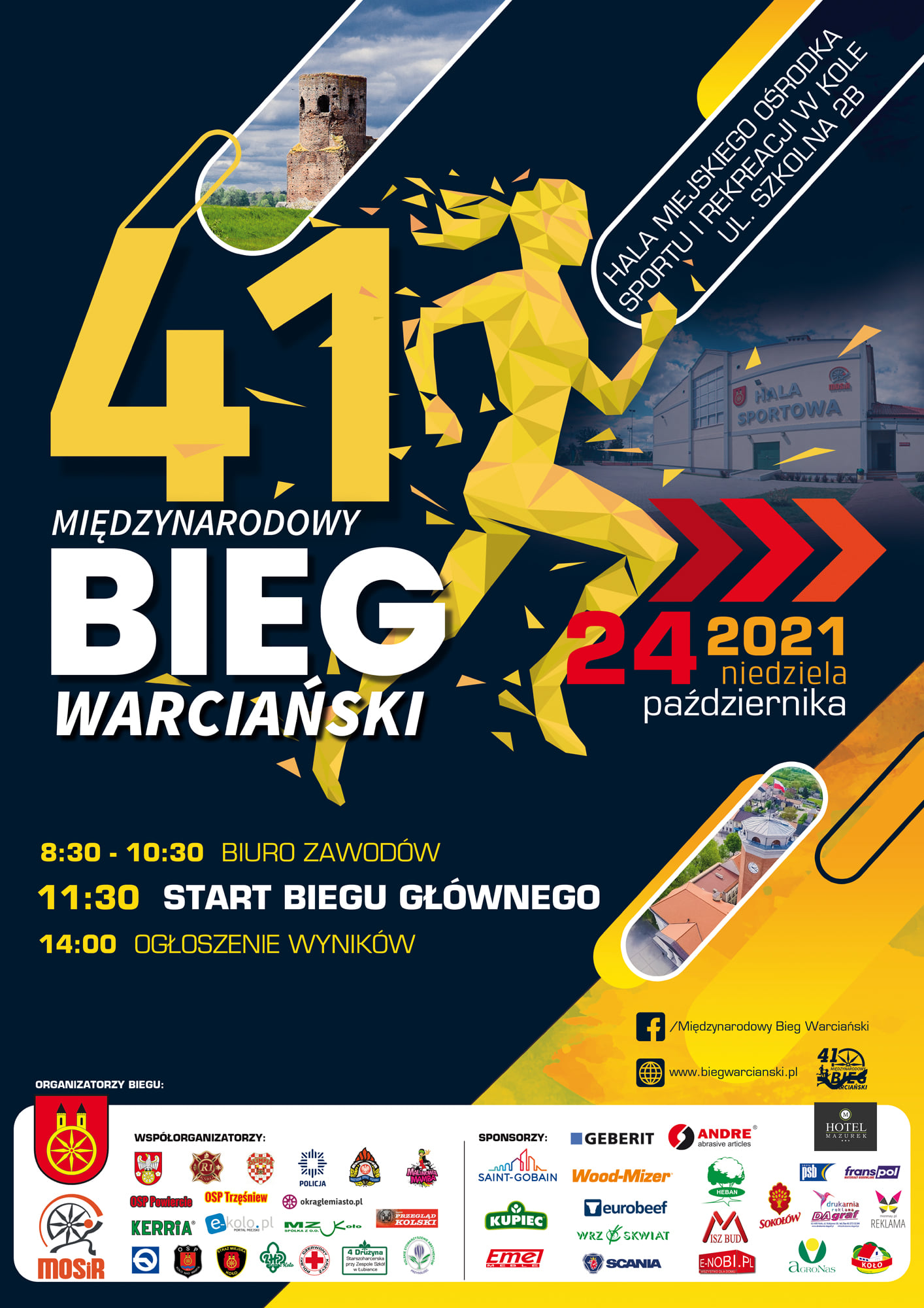 Plakat informujący o 41. MIĘDZYNARODOWYM BIEGU WARCIAŃSKIM, tekst pod plakatem.