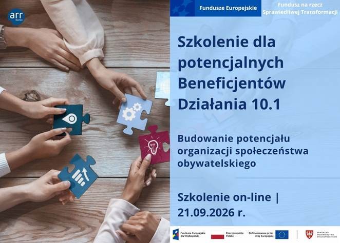 Grafika dwuczęściowa. Po lewej zdjęcie z góry: cztery dłonie składają na drewnianym blacie granatowo-różowe puzzle z ikonami oka, koła zębatego, żarówki i wykresu. Po prawej jasnoniebieskie tło z tytułem szkolenia, datą oraz logotypami Funduszy Europ