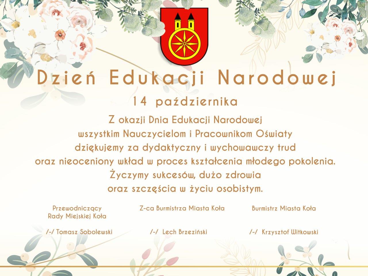 Plansza z życzeniami z okazji Dnia Edukacji Narodowej, tekst życzeń pod planszą.