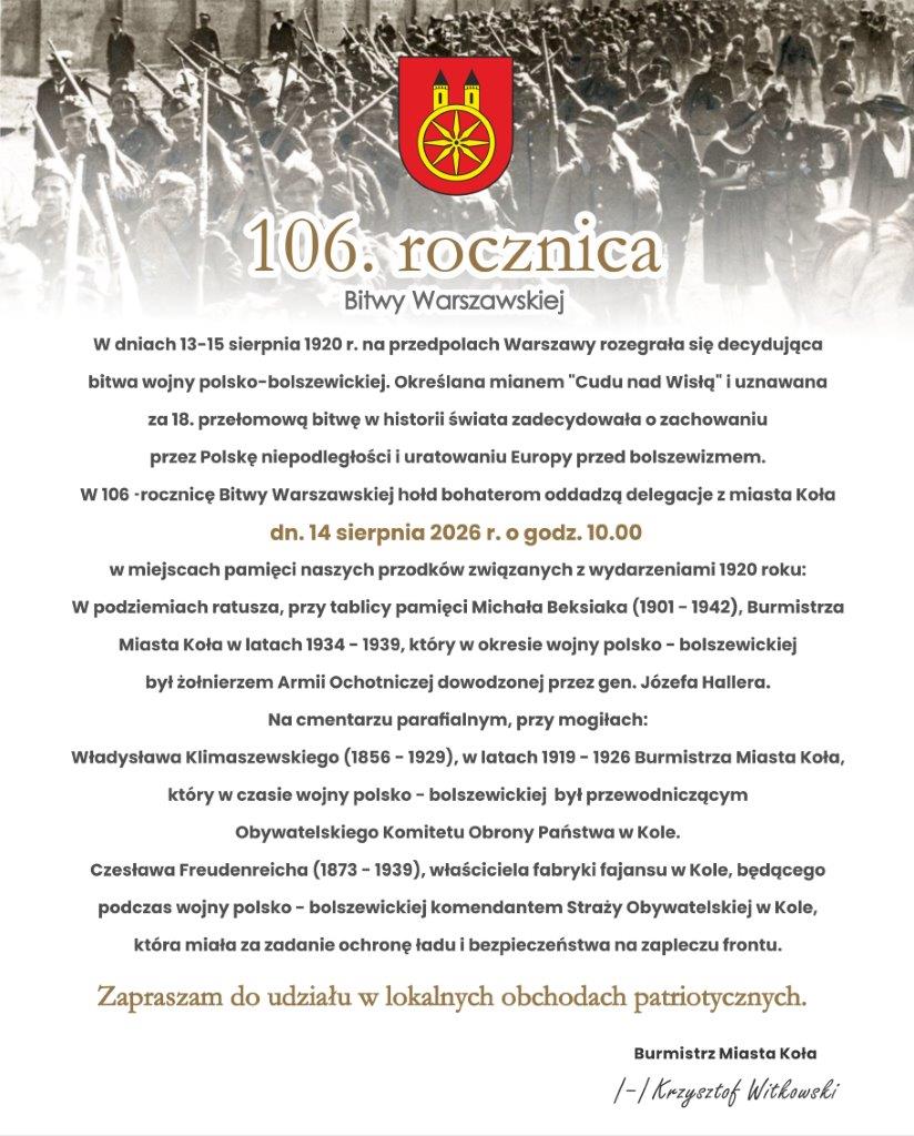 Zaproszenie na obchody 106 rocznicy Bitwy Warszawskiej