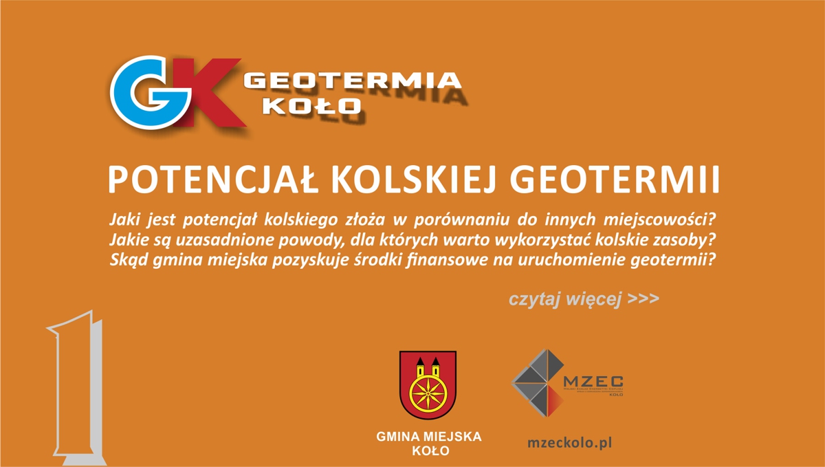 Grafika przedstawia napis na pomarańczowym tle POTENCJAŁ KOLSKIEJ GEOTERMII