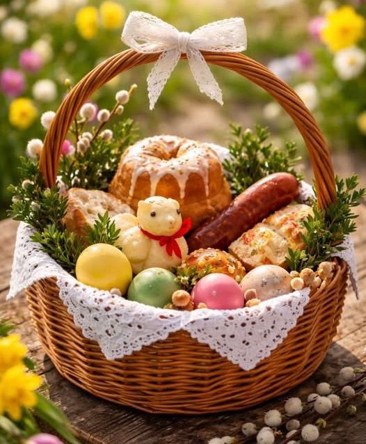 Tradycyjny wielkanocny koszyczek wypełniony pisankami, chlebem, kiełbasą, jajkiem i zielonymi gałązkami, ozdobiony koronką i wstążką, symbolizujący radość i odrodzenie w świątecznym nastroju.