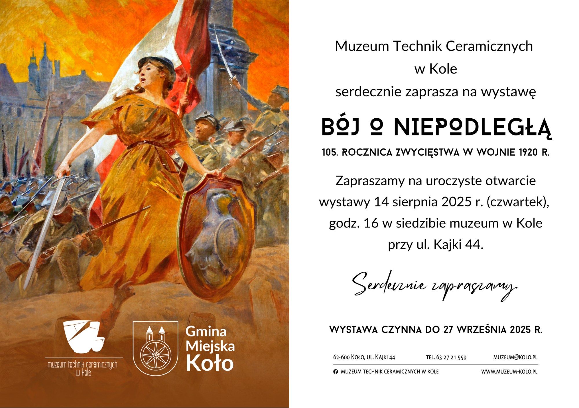 Na grafice widać plakat wystawy „Bój o Niepodległą” z okazji 105. rocznicy zwycięstwa w wojnie 1920 r. Po lewej stronie jest patriotyczna ilustracja kobiety z mieczem i tarczą na tle żołnierzy i polskiej flagi, a po prawej szczegóły wydarzenia.