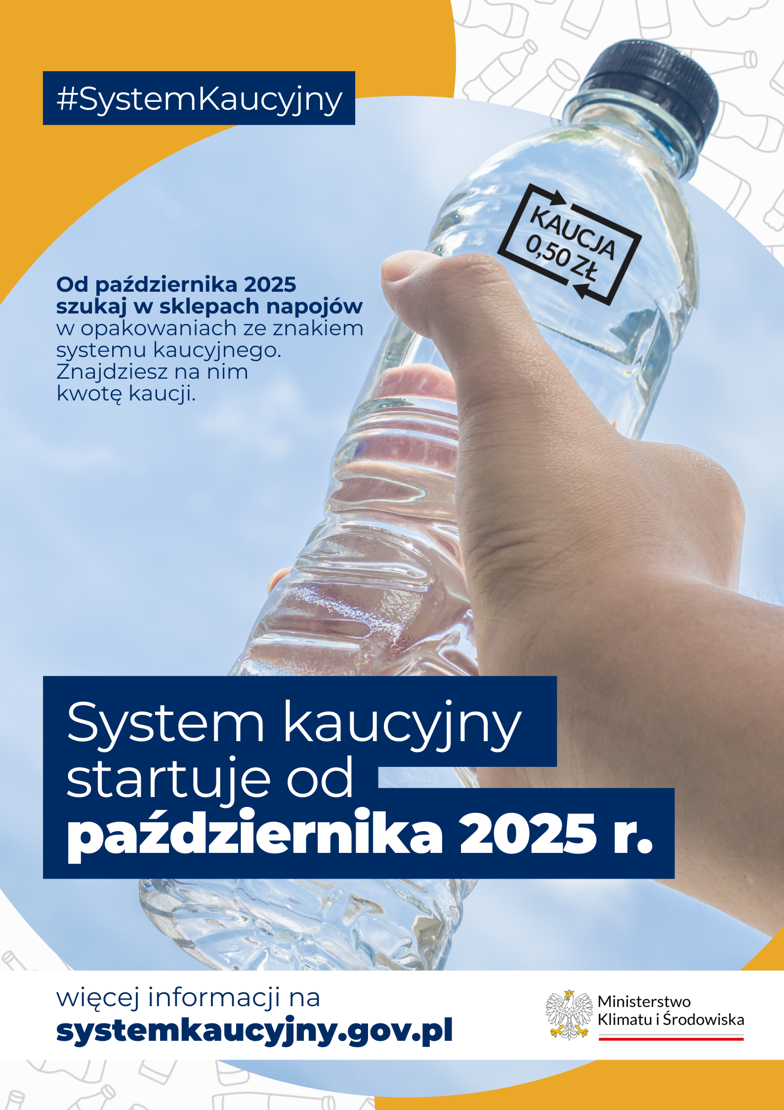 Na zdjęciu widać plakat informacyjny o starcie systemu kaucyjnego w Polsce od października 2025 roku, z butelką oznaczoną kaucją 0,50 zł.