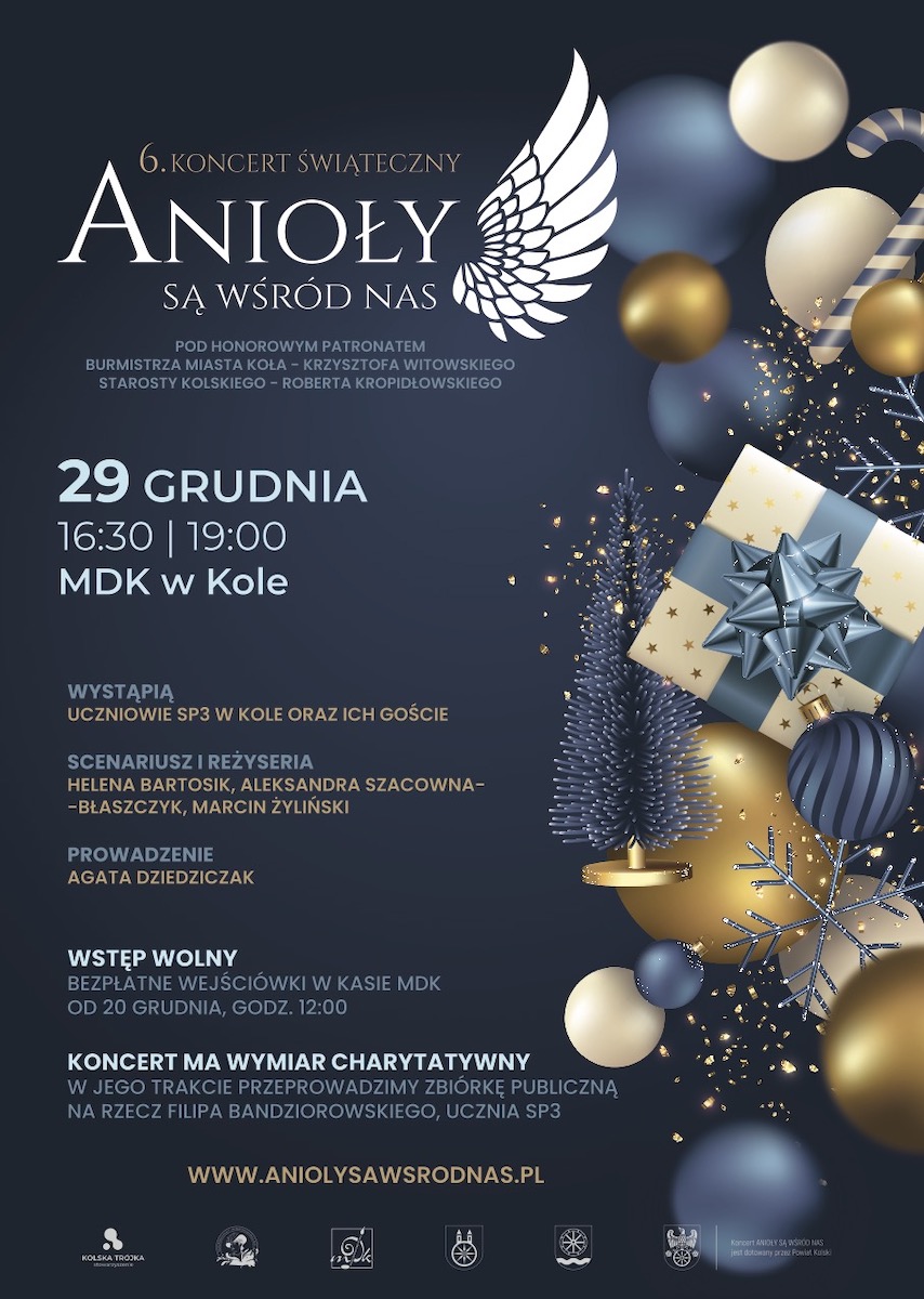 Plakat informujący o koncercie ANIOŁY SĄ WŚRÓD NAS, tekst pod plakatem
