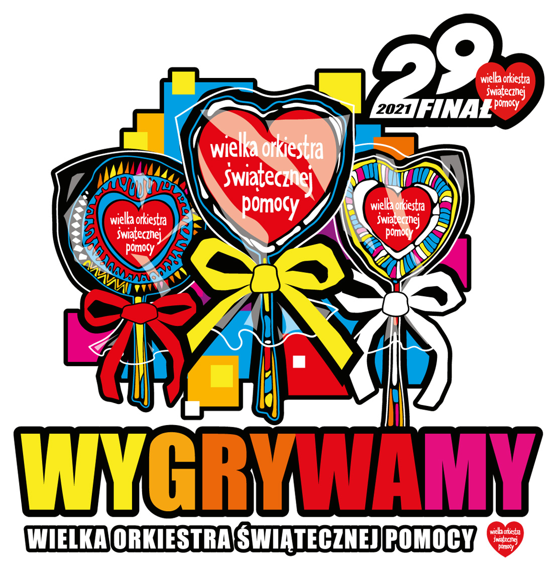 Grafika przedstawia logotyp 29. Finału WOŚP z napisem WYGRYWAMY