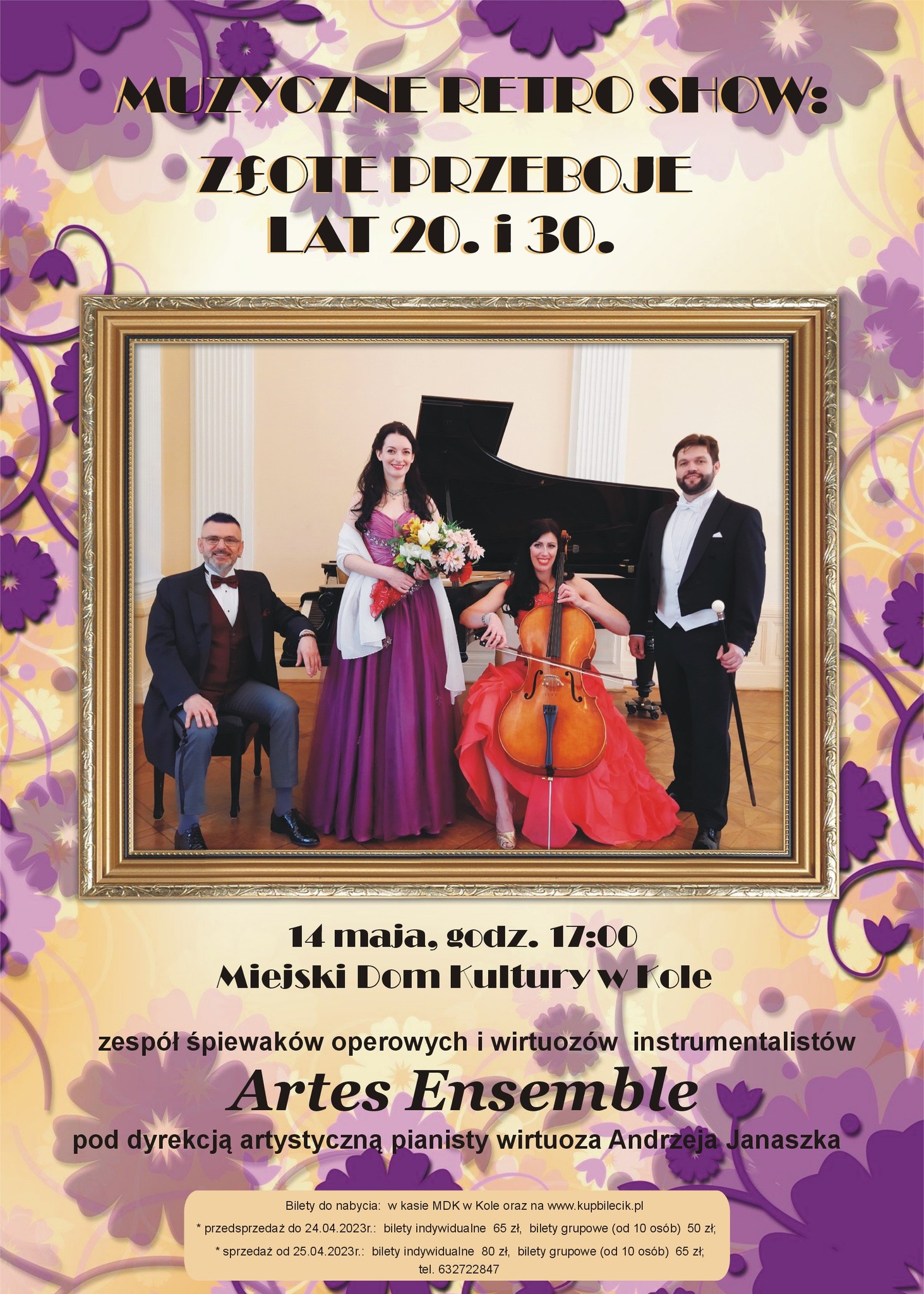 Plakat, koncert Muzyczne Retro Show: Złote Przeboje lat 20. i 30., tekst pod plakatem