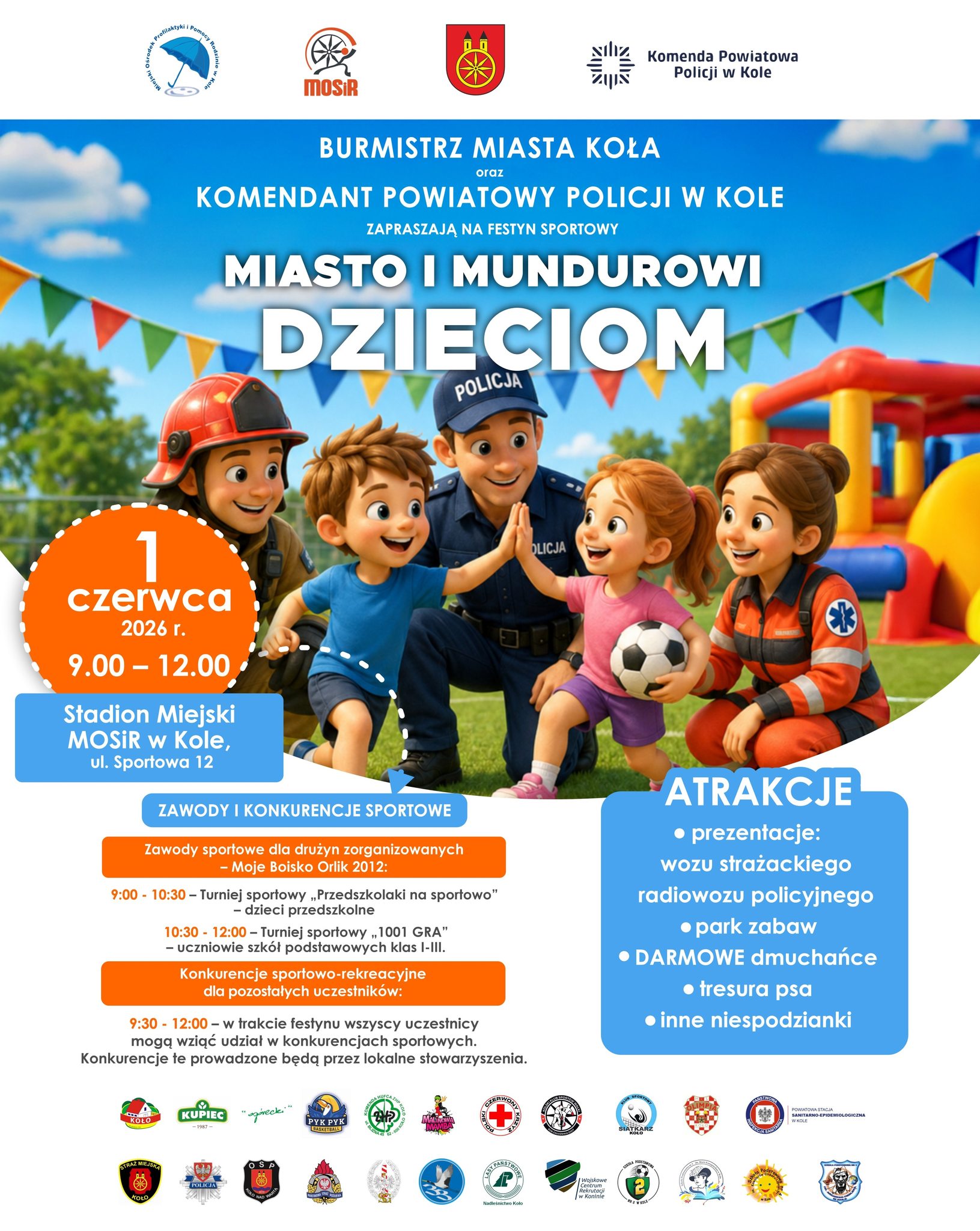 Plakat festynu sportowego Miasto i Mundurowi Dzieciom, Koło, 1 czerwca 2026, godz. 9-12, Stadion MOSiR, ul. Sportowa 12. Animowane postacie dzieci z policjantem, strażakiem i ratownikiem. Zawody sportowe, dmuchańce, tresura psa.