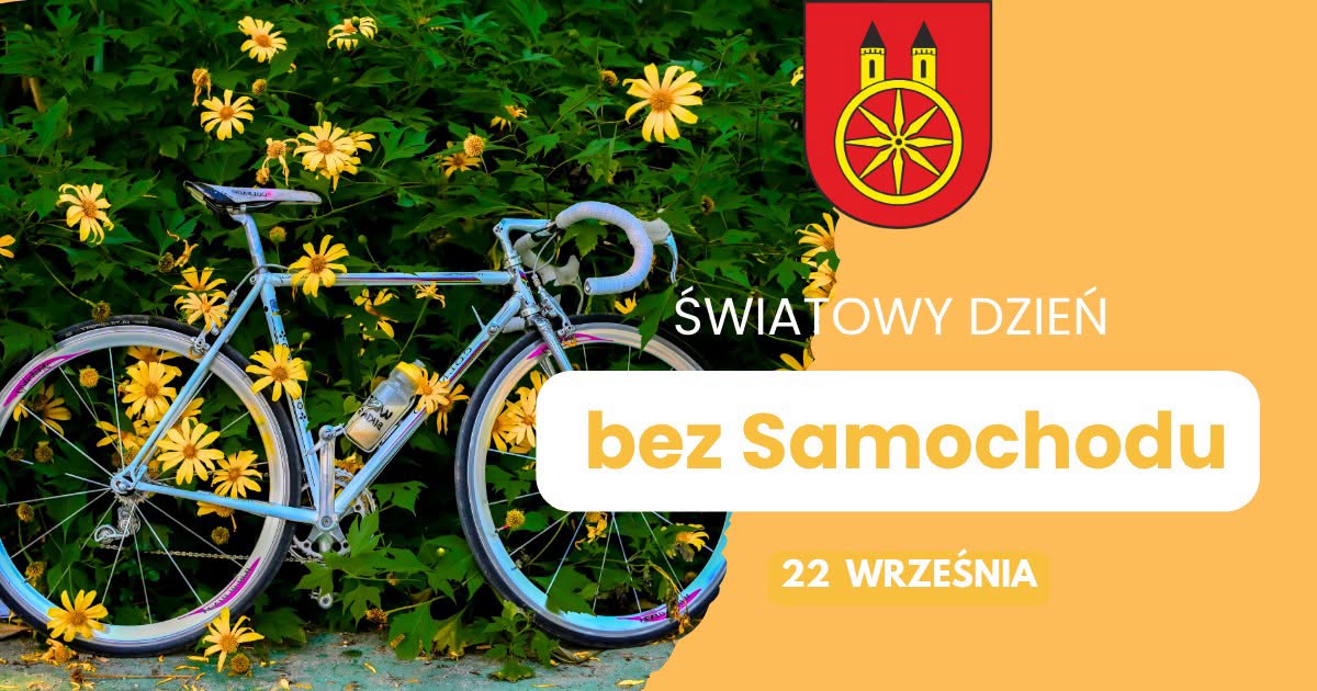 Grafika na pomarańczowym tle. Po lewej rower szosowy w pastelowych kolorach oparty o krzew z żółtymi kwiatami. W prawym górnym rogu czerwony herb Koła. Biały tekst Światowy Dzień oraz żółty napis bez Samochodu na białym tle.