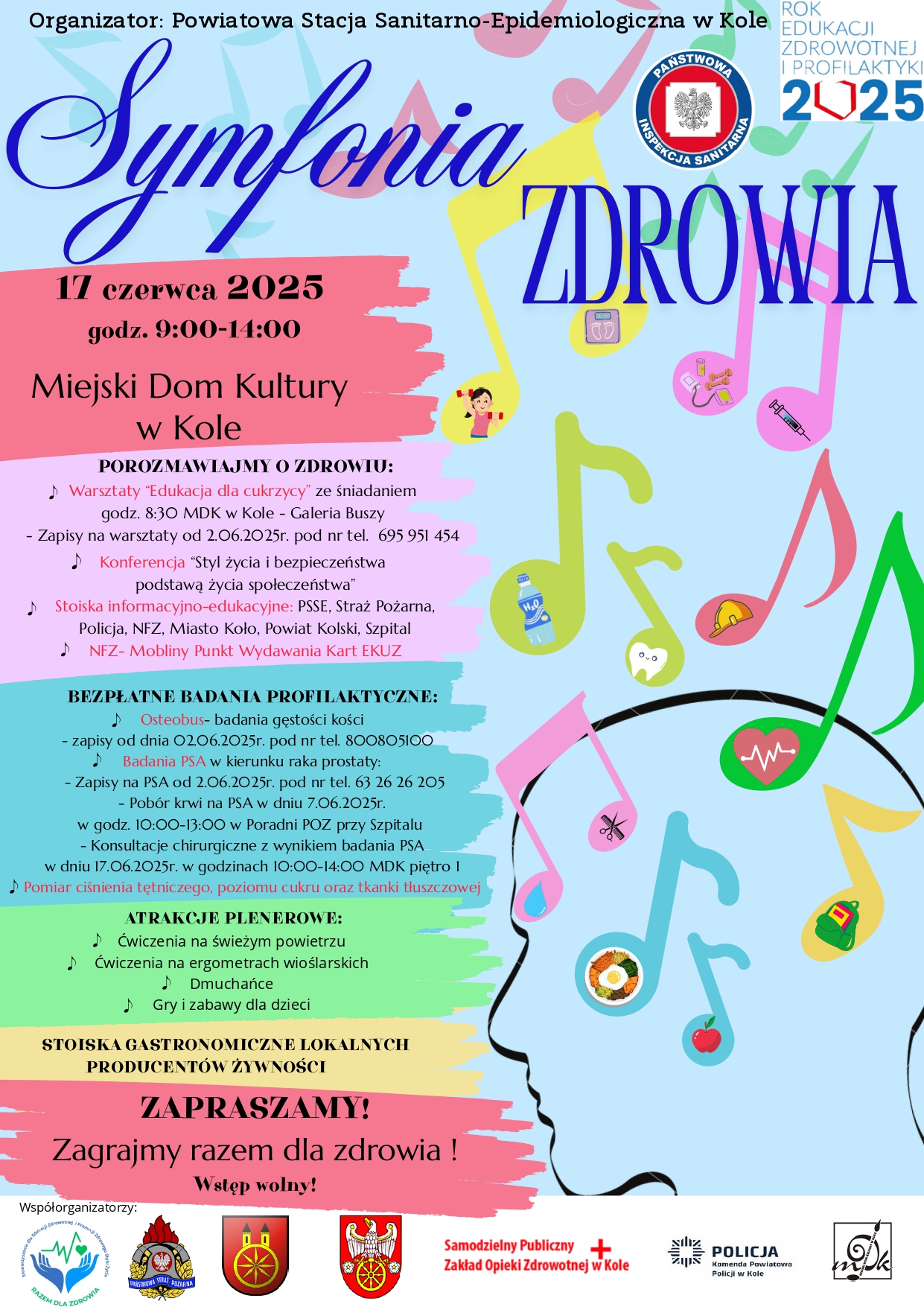Plakat wydarzenia „Symfonia Zdrowia”, które odbędzie się 17 czerwca 2025 roku w Miejskim Domu Kultury w Kole. Zaplanowano m.in. konsultacje zdrowotne, badania profilaktyczne, warsztaty, występy artystyczne i atrakcje dla dzieci.