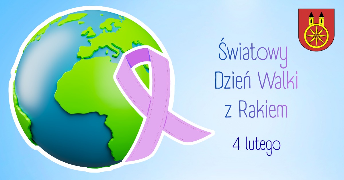 Plansza ma błękitne tło i zawiera grafikę fioletowej wstążki, symbolizującej walkę z rakiem. Obok niej znajduje się ilustracja ziemi. W prawym górnym rogu herb Koła.