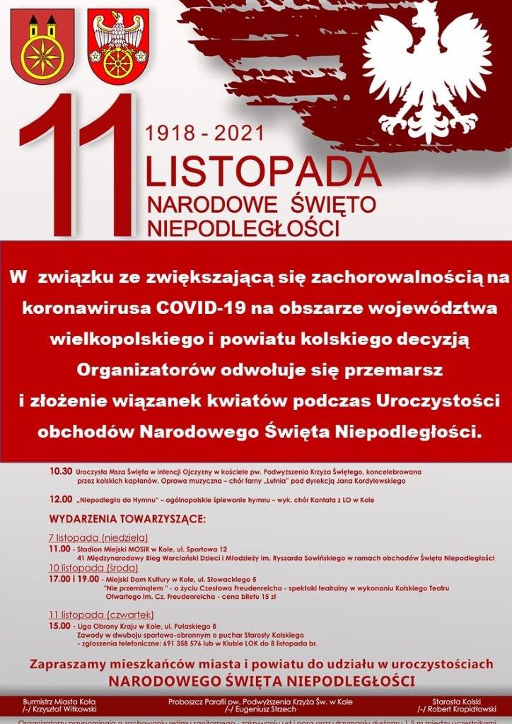 Plakat z Programem obchodów Narodowego Święta Niepodległości w Kole, tekst pod plakatem.