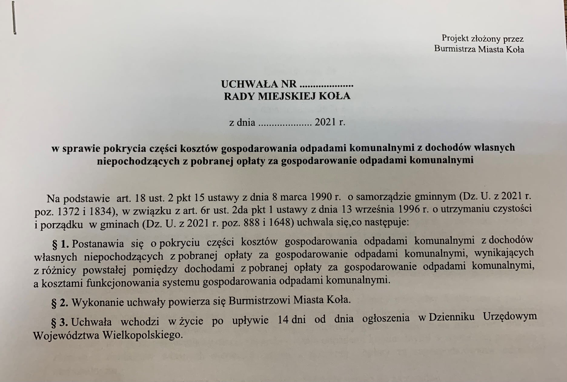 Pierwsza strona projektu uchwały o dopłatach z budżetu miasta do systemu gospodarowania odpadami.