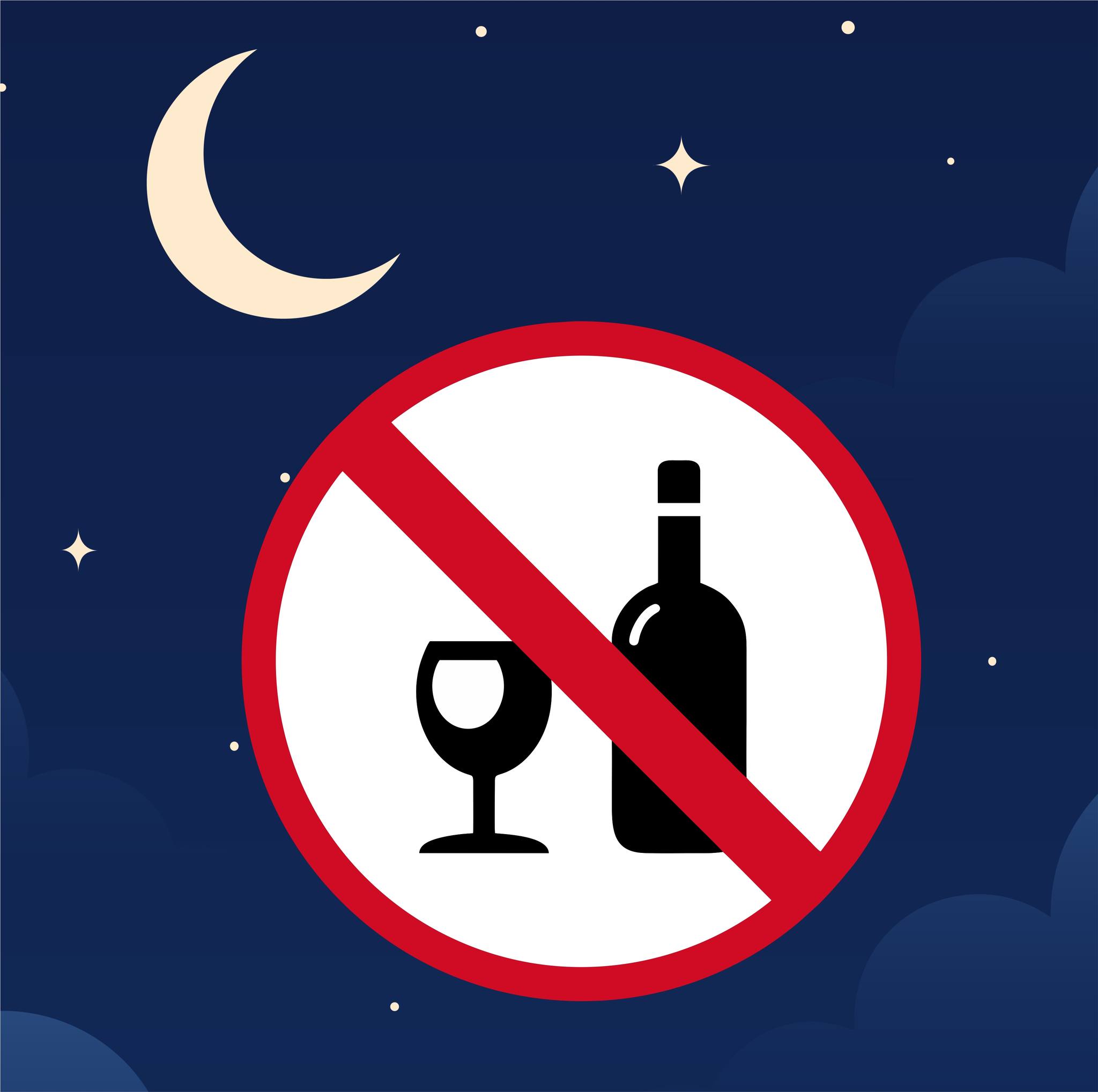 Na grafice widać księżyc, kieliszek i butelkę w przekreślonym czerwonym okręgu, co symbolizuje zakaz spożywania alkoholu w porze nocnej.